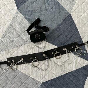 Black Leather Belt with Silver Chains